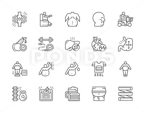 Set of Obesity and Overweight Line Icons. Fat Face, Junk Food, Diet and more. Stock Illustration