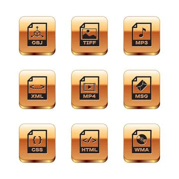 Set OBJ file document, CSS, HTML, MP4, XML and MP3 icon. Vector Illustrazione stock