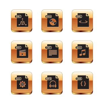 Set OBJ file document, MAX, MP3, TXT, MOV, XML, CSS and WMA icon. Vector Stock Illustration