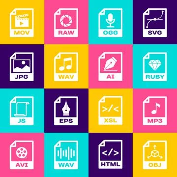 Set OBJ file document, MP3, RUBY, OGG, WAV and JPG icon. Vector 스톡 일러스트