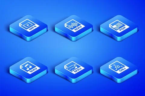 Set OBJ file document, MP4, M3U, WAV, and PDF icon. Vector 库存插图
