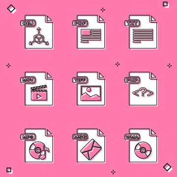 Set OBJ file document, PDF, TXT, MOV, TIFF, PHP, MP3 and MSG icon. Vector Stock-Illustration