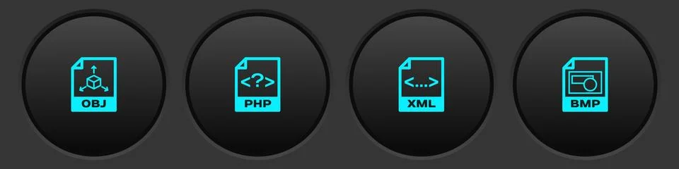 Set OBJ file document, PHP, XML and BMP icon. Vector Illustration