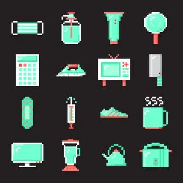 Set of object and protection with pixel art icon style Stock Illustration
