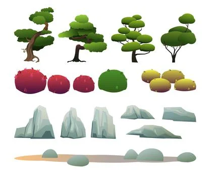 Set of object Japanese garden and flower bed with small trees, stones and flo Stock Illustration