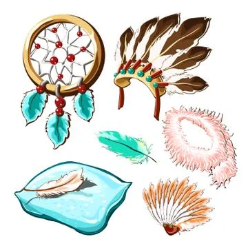 The set of objects of ancient culture and modern life with bird feathers Stock Illustration
