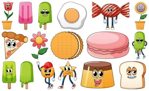Set of objects and foods cartoon characters Stock Illustration