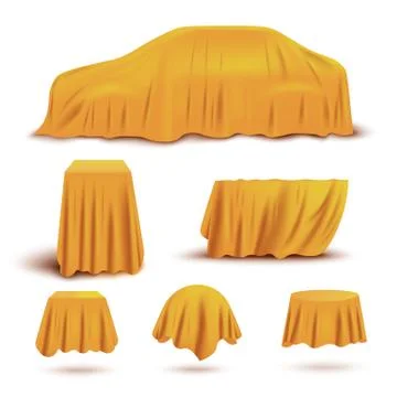 Set of objects and gifts covered with realistic yellow covers for curtains. Stock Illustration