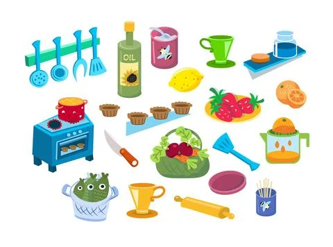Set of objects and products, food in kitchen for design. Vector illustrations Illustrazione stock