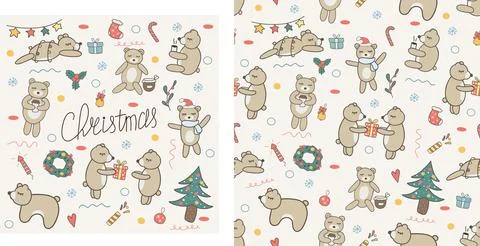 Set of objects and seamless pattern with christmas bears Stock Illustration