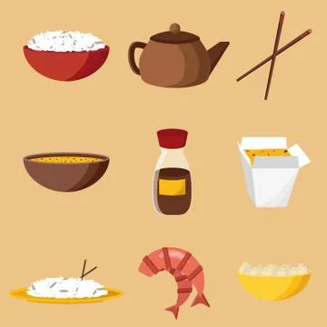 Set of objects on chinese cuisine theme Stock Illustration