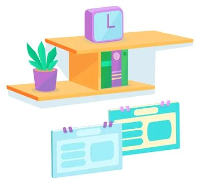 Set of objects - clock, calendar,  plant, books, shelf, card with job plannin Stock Illustration