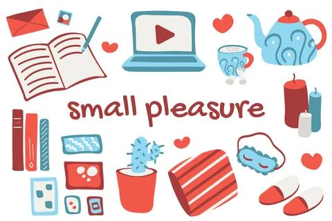 Set of objects of joy and relax. Watch videos, drink hot drinks, sleep, rea.. Stock Illustration