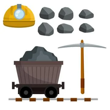 Set of objects of miner. Extraction of minerals in quarry, pit. Illustrazione stock