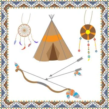 The set of objects of native American jewelry made of feathers and stones, .. Stock Illustration