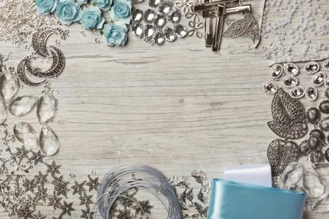 Set of objects for needlework on a wooden background Stock Photos