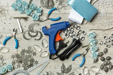 Set of objects for needlework on a wooden background Stock Photos