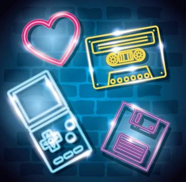 Set of objects retro of neon light Stock Illustration