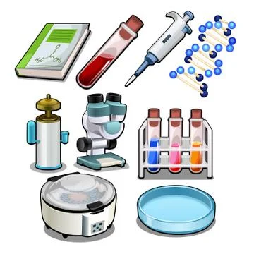 The set of objects on the subject of the chemical laboratory isolated on white Stock Illustration