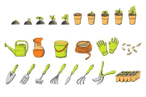 A set of objects on the theme of gardening, garden tools, sprouted seedlings, Stock Illustration