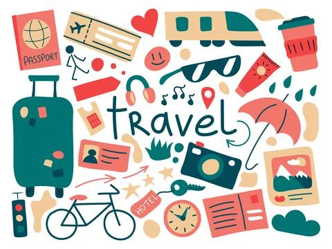 A set of objects on the theme of travel and vacation with the inscription travel Illustrazione stock