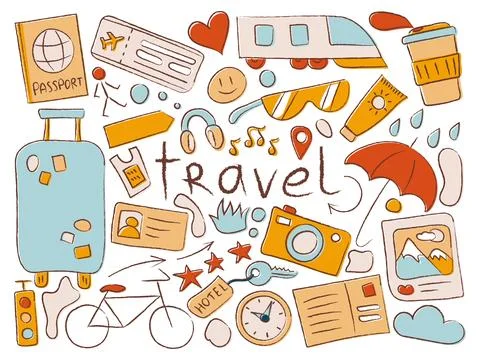 A set of objects on the theme of travel and vacation with the inscription t.. Stock Illustration