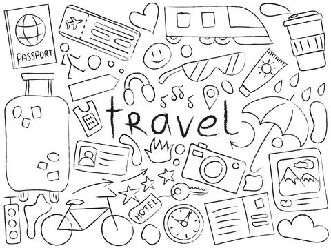 A set of objects on the theme of travel vacation with the inscription travel Stock Illustration