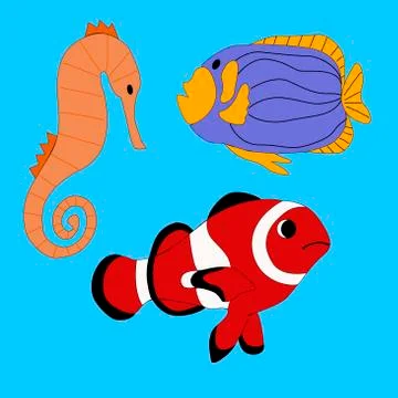 Set of ocean fish on a bkue background in vector graphics, in a flat style. For Stock Illustration