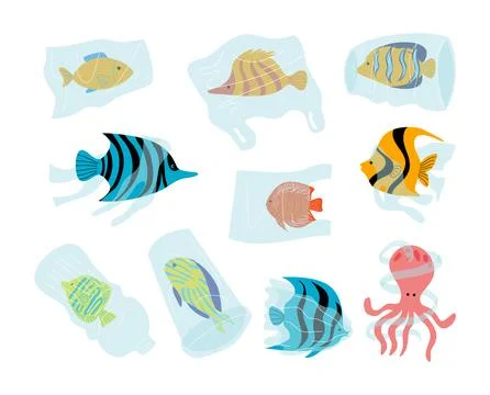 Set of Ocean plastic pollution and world ocean day with sea animal trapped .. Stock Illustration