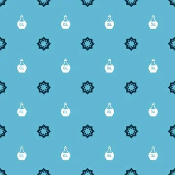 Set Octagonal star and Essential oil bottle on seamless pattern. Vector Illustrazione stock