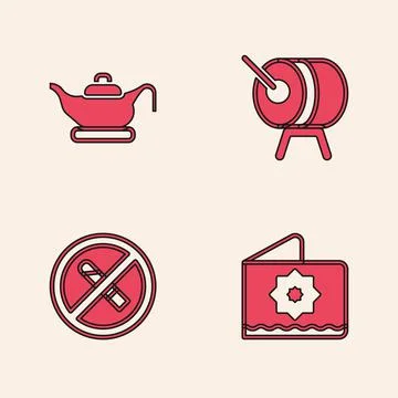 Set Octagonal star, Oil lamp, Ramadan drum and No Smoking icon. Vector Stock Illustration
