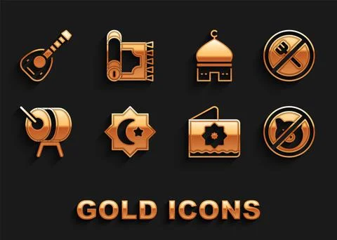Set Octagonal star, Ramadan fasting, No pig, drum, Muslim Mosque, Lute and Stock Illustration