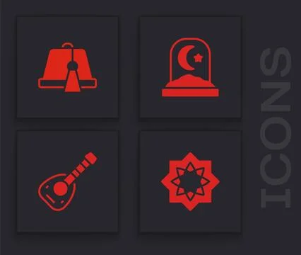 Set Octagonal star, Turkish hat, Muslim cemetery and Lute icon. Vector Stock Illustration