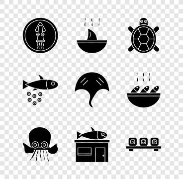 Set Octopus on a plate, Shark fin soup, Turtle, Seafood store, Sushi cuttin.. Stock Illustration