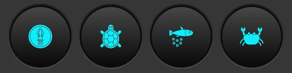 Set Octopus on a plate, Turtle, Fish with caviar and Crab icon. Vector 스톡 일러스트