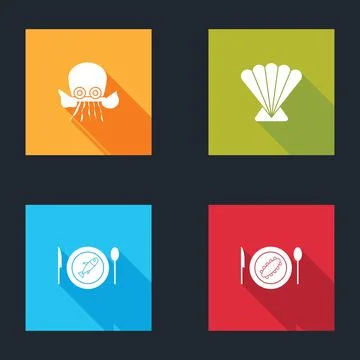 Set Octopus, Scallop sea shell, Served fish on plate and cucumber icon. Vector Illustrazione stock