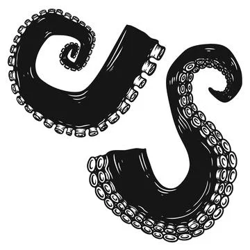 Set of octopus, squid tentacles  in engraving style. Design element for logo, Stock Illustration