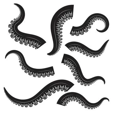 Set of octopus, squid tentacles  in engraving style. Design element for logo, Stock Illustration