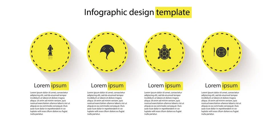 Set Octopus, Stingray, Turtle and Served crab on plate. Business infographic Illustrazione stock