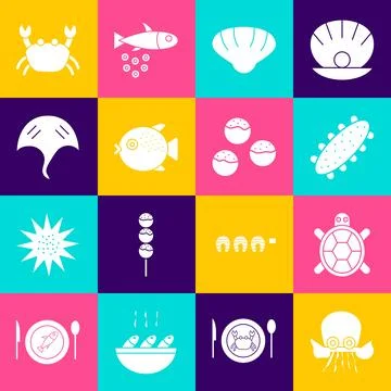 Set Octopus, Turtle, Sea cucumber, Scallop sea shell, Puffer fish, Stingray.. 스톡 일러스트
