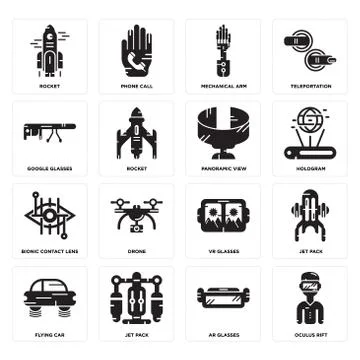 Set of Oculus rift, Ar glasses, Flying car, Vr Bionic contact lens, Panoramic Illustrazione stock gratuita