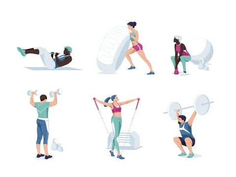 Set od different cartoon people exercising at modern gym vector flat illustra Illustrazione stock