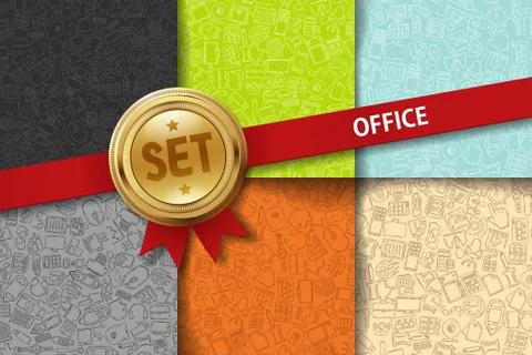 Set of office backgrounds with doodle icons in different colors Stock Illustration