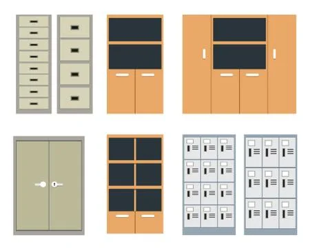 Set of office cabinet and locker in flat style Stock Illustration