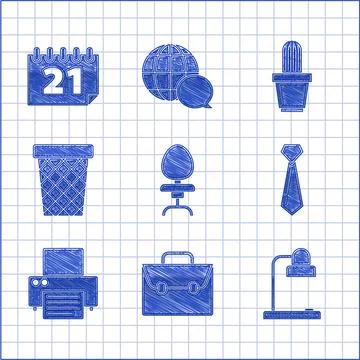 Set Office chair, Briefcase, Table lamp, Tie, Printer, Trash can, Cactus an.. Stock Illustration