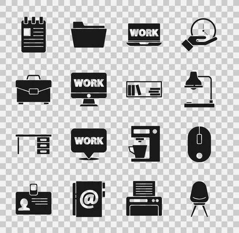 Set Office chair, Computer mouse, Table lamp, Laptop with text work, Monitor Stock Illustration