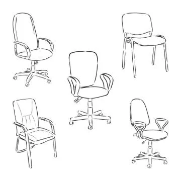 Set office chairs isolated on white background. Sketch different chairs.Vecto Stock Illustration