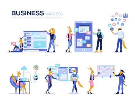 Set of office concept , data analysis, management app, consulting, business Stock Illustration