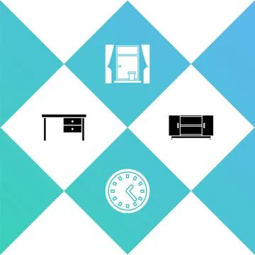 Set Office desk, Clock, Window with curtains and TV table stand icon. Vector Stockillustratie
