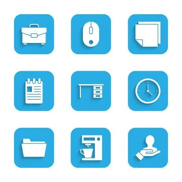 Set Office desk, Coffee machine, Hand for search people, Clock, Document folder Stock Illustration